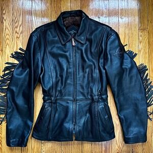 VTG Hein Gericke Streetline Black Leather Fringe Motorcycle Jacket Womens L